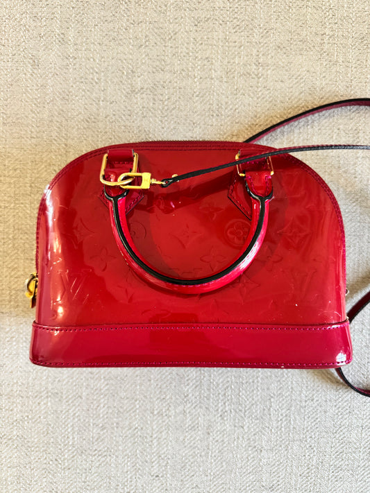 Louis Vuitton Alma Monogram Vernis Red Top Handle Bag with Strap - Excellent