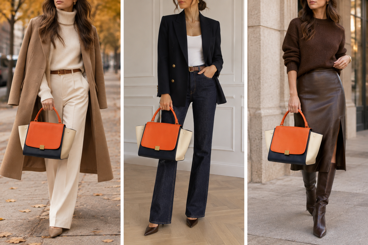 Celine Trapeze Tricolor Leather Top Handle Bag – Orange, Navy & Ivory