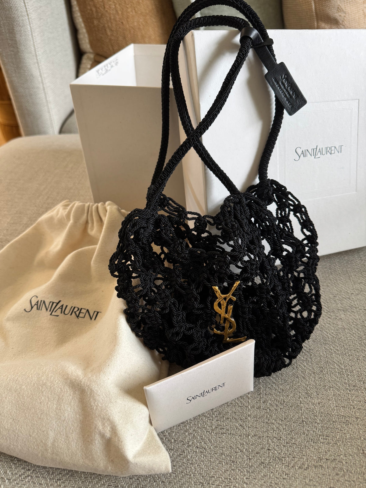 Saint Laurent Small Shopping Crochet Bag featuring gold-tone YSL logo hardware