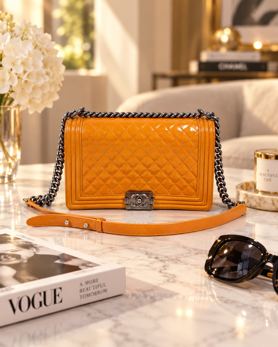 Chanel Boy Bag Orange Patent Leather
