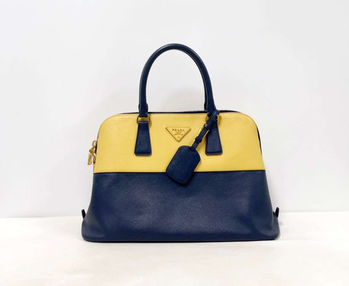 Prada Saffiano Leather Lux Promenade Handbag T– Navy & Yellow | Rare Colorway