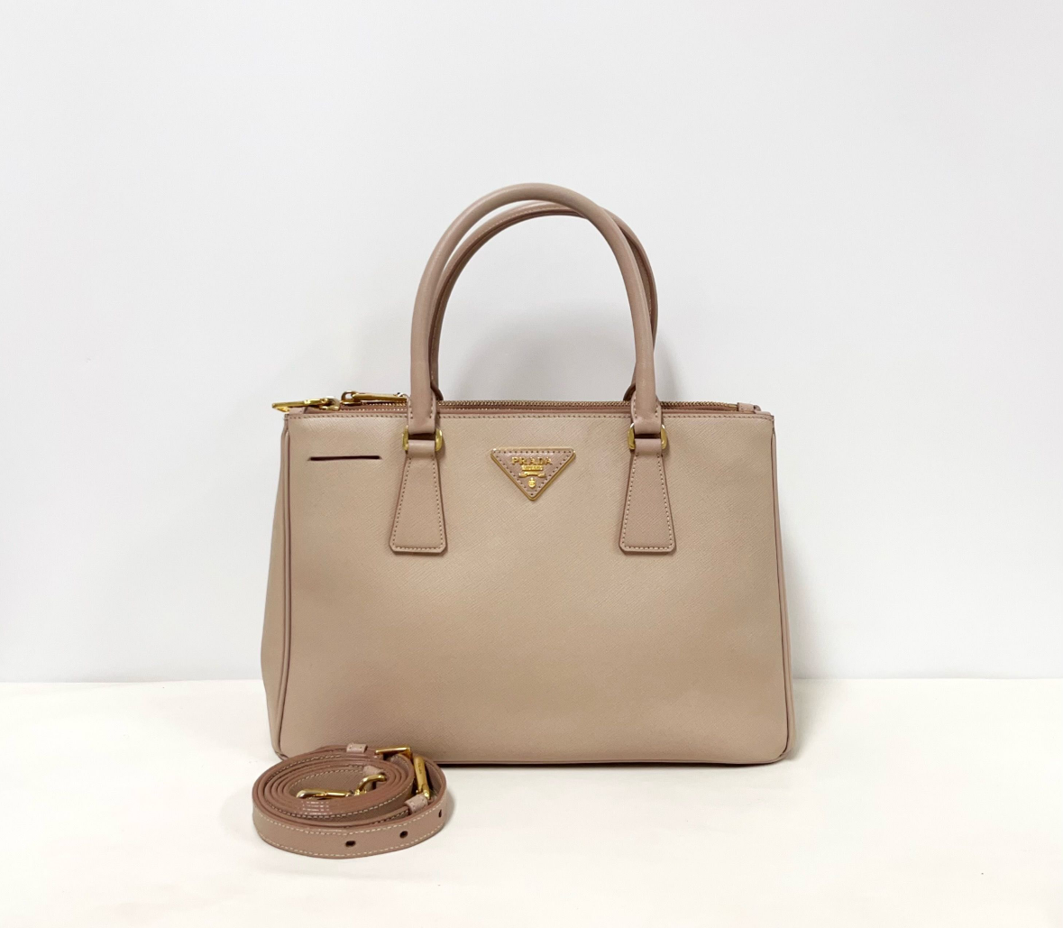 Prada Galleria Saffiano Leather Double Zip with Crossbody Strap - Beige