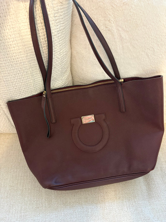 Salvatore Ferragamo Burgundy Wine Red Leather Tote with Gold