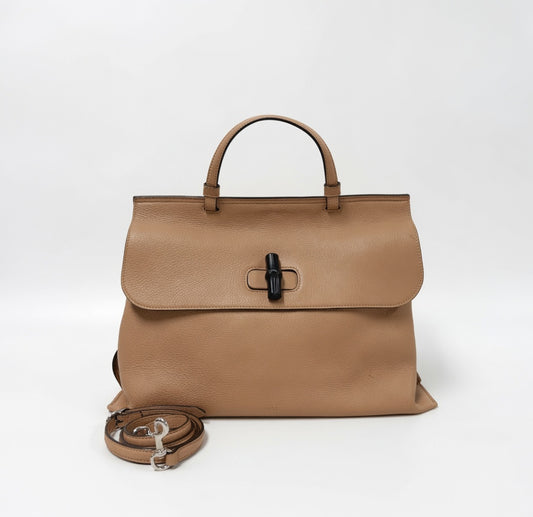 Gucci Large Bamboo Top Handle Leather Bag – Beige