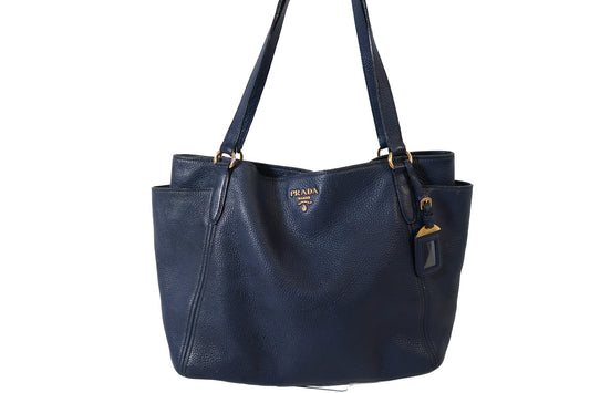 Prada Vitello Daino Side Pocket Leather Tote Navy
