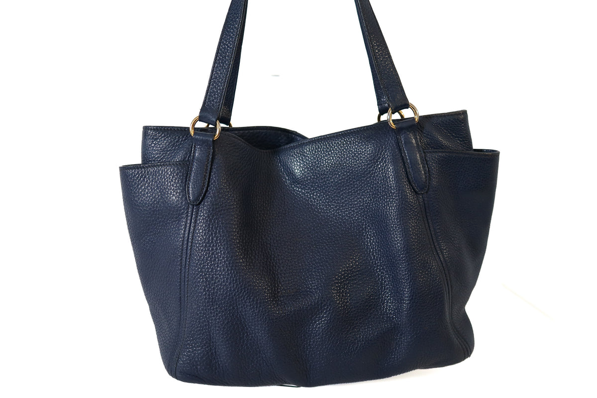 Prada Vitello Daino Side Pocket Leather Tote Navy