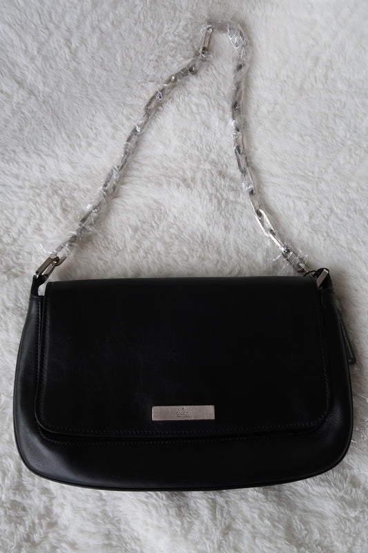 *New Pics* Gucci Black Leather Chain-Link Shoulder Bag - Silver Hardware