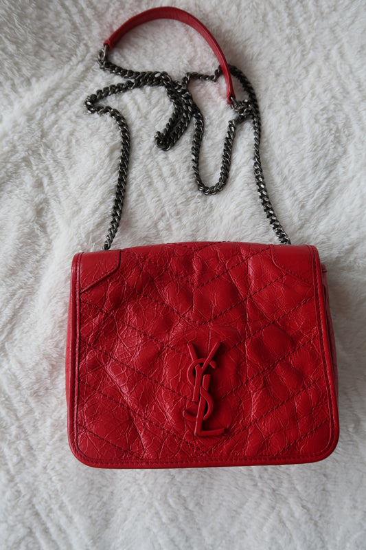 New Pics Saint Laurent Niki Bag Red Crinkled Leather Chain Bag YSL - Baby Small