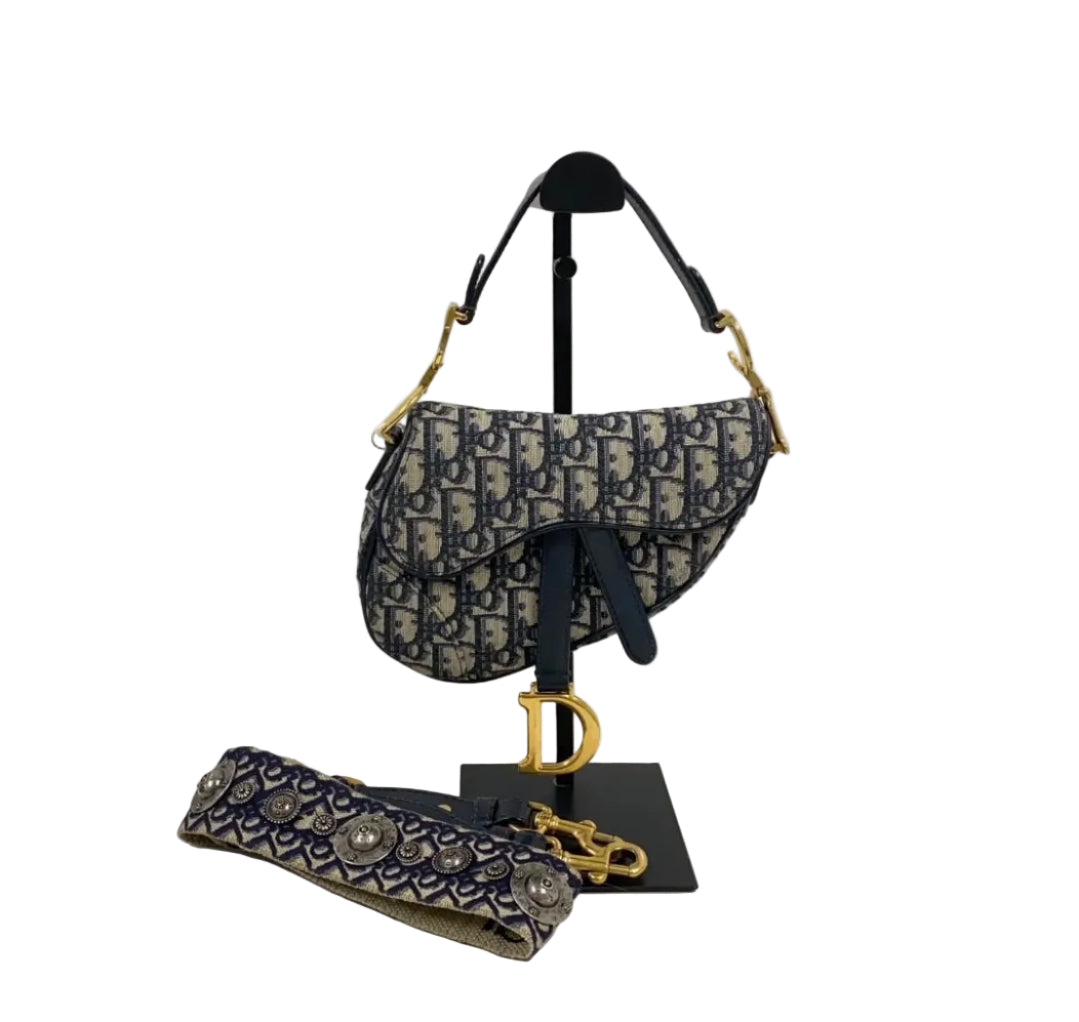 Dior Oblique Saddle Bag with Embellished Strap Blue