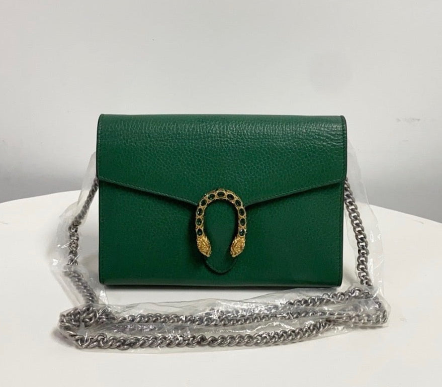 Gucci Calfskin Mini Dionysus Chain Wallet Emerald