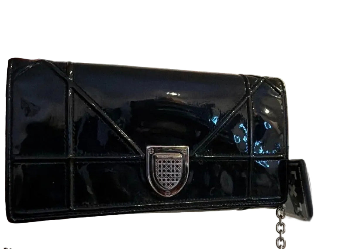 Dior Wallet on Chain - Black Patent Silver