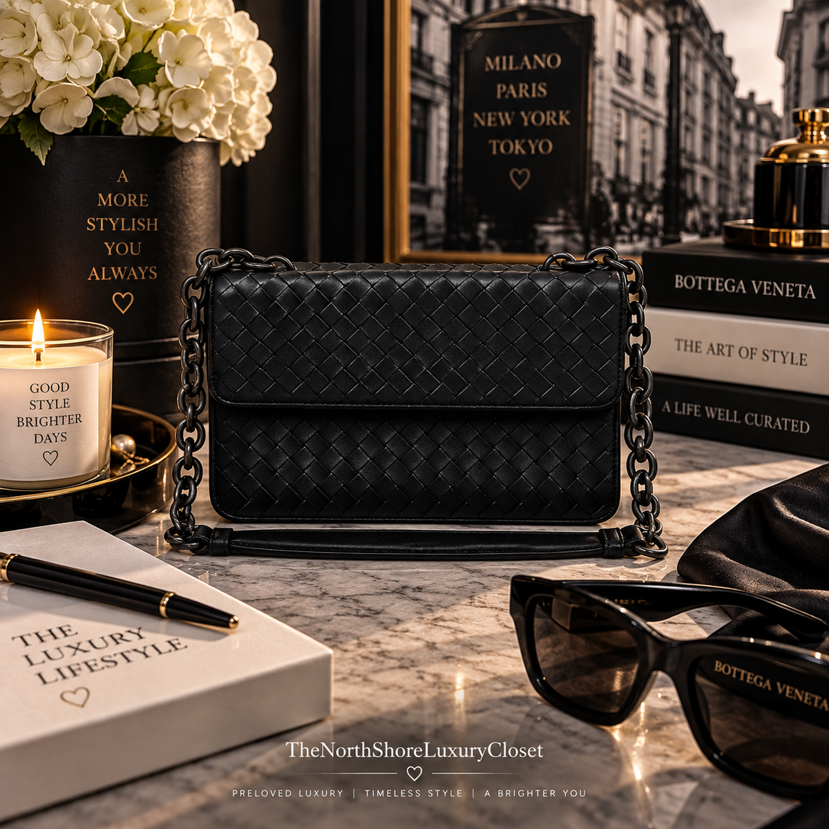 Bottega Veneta Intrecciato Leather Flap Chain Crossbody Bag – Black