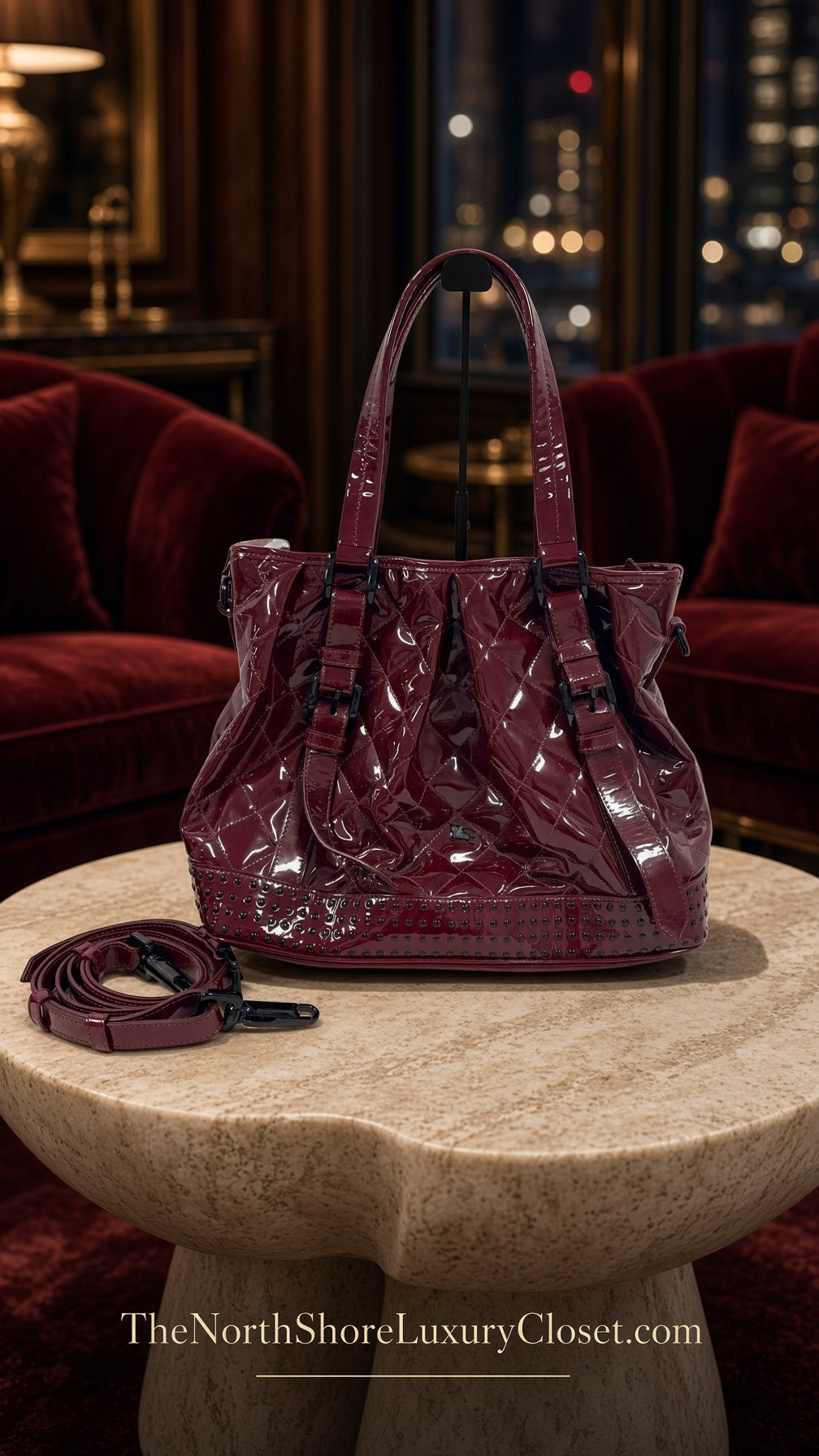 Burberry Large Lowry Studded Quilted Patent Leather Tote – Burgundy