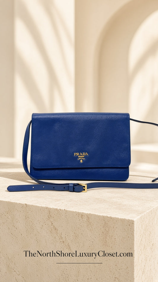 Prada Saffiano Leather Wallet Crossbody Bag with Mirror – Blue