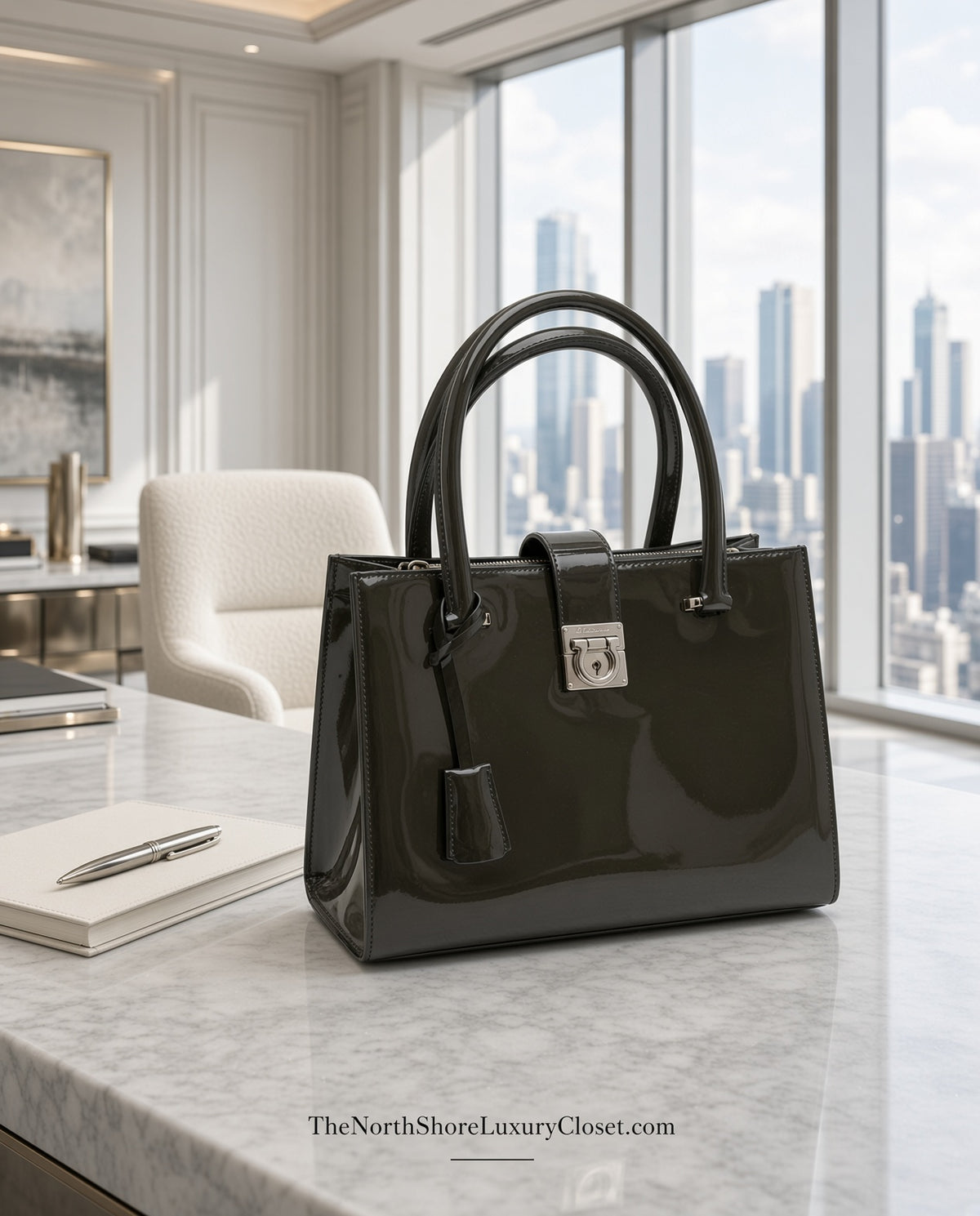 Salvatore Ferragamo Juliette Patent Leather Dark Olive Green Tote Bag