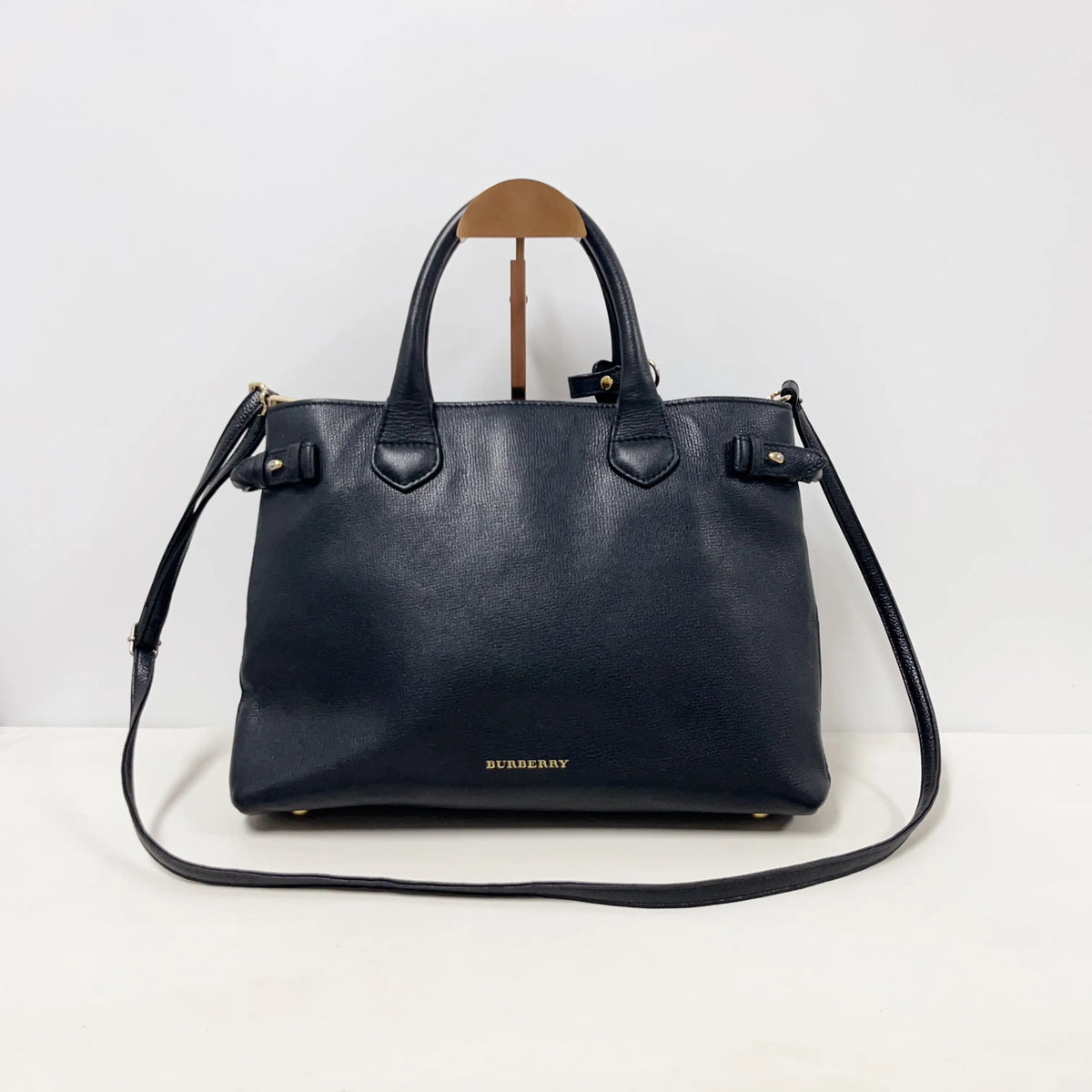 Burberry Pebbled Leather House Check Banner Tote Bag - Black