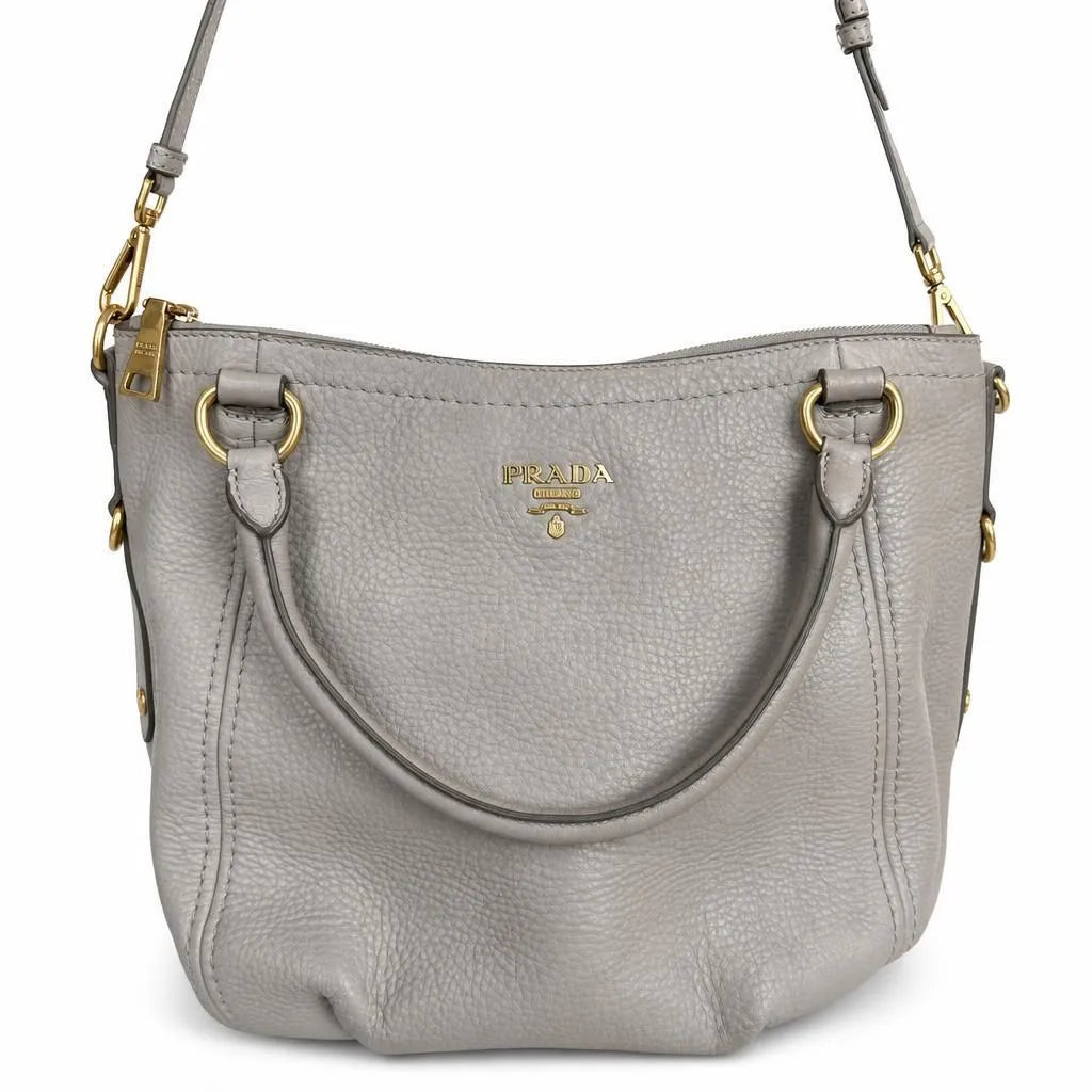 Prada Vitello Daino Leather Top Handle - Light Gray with Crossbody Strap