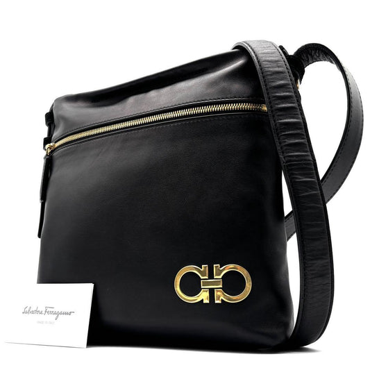 Salvatore Ferragamo Gancini Smooth Calf Leather Messenger Bag – Black
