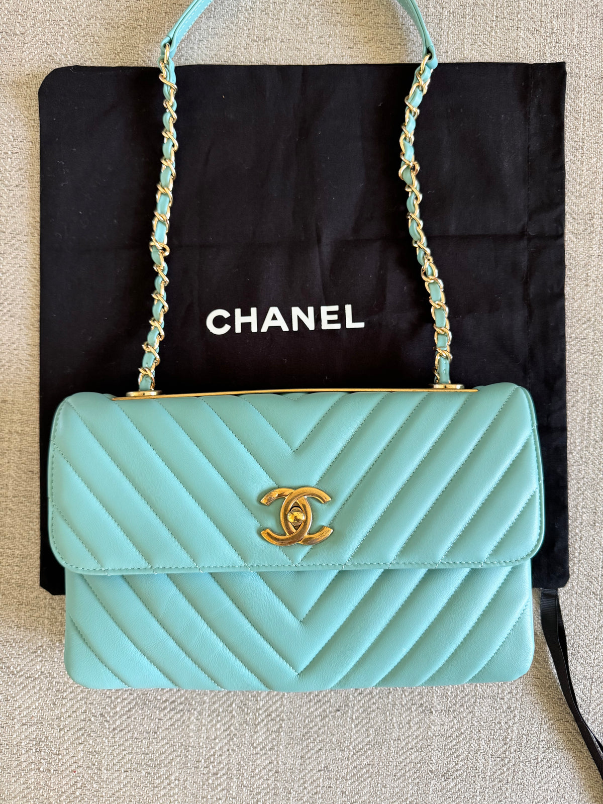 RARE Chanel Trendy CC Flap Bag Chevron Lambskin Medium - Tiffany Blue