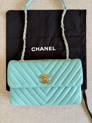 RARE Chanel Trendy CC Flap Bag Chevron Lambskin Medium - Tiffany Blue