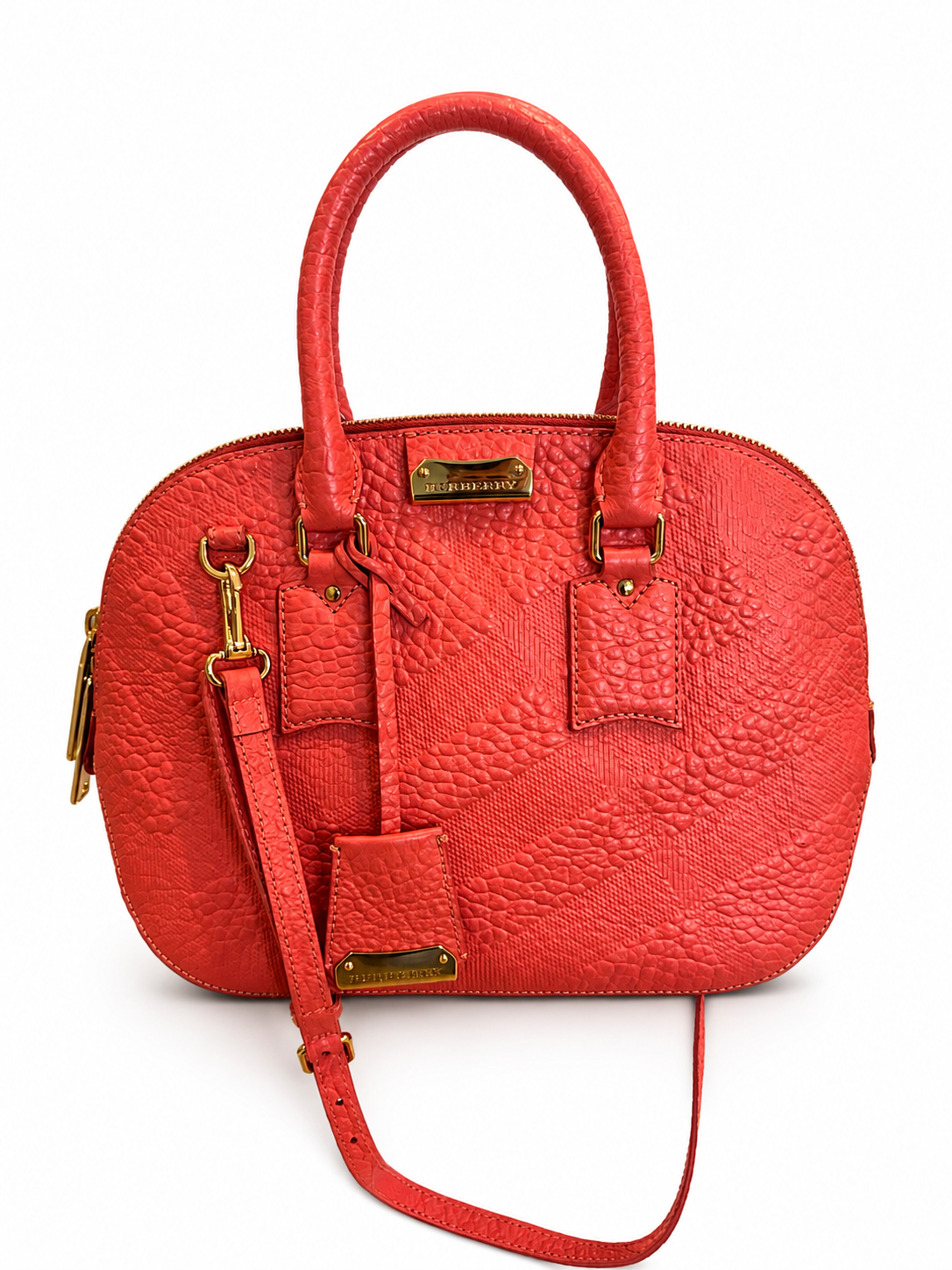 Burberry Textured Leather Convertible Bowling Satchel – Coral Pink
