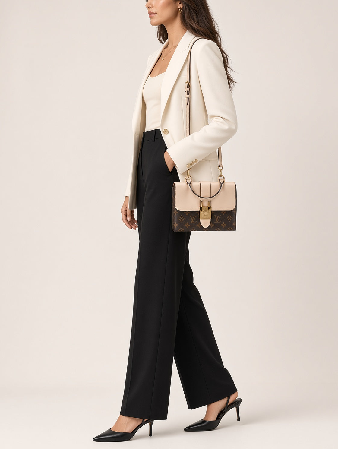 Louis Vuitton Locky BB Monogram Canvas & Crème Leather Top Handle Crossbody Bag