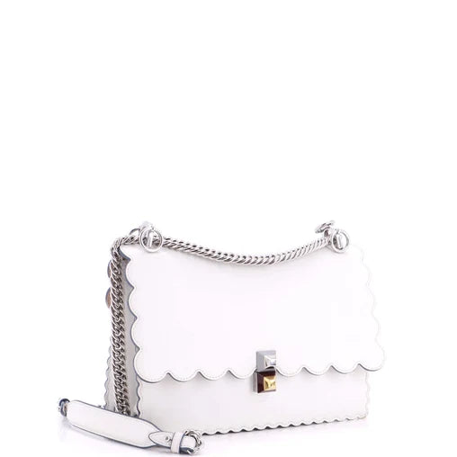 Fendi Kan I Small Scalloped Leather With Silver Chain Shoulder Bag – White