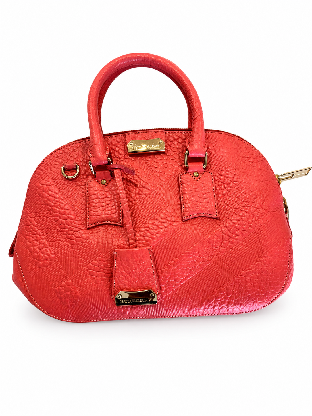 Burberry Textured Leather Convertible Bowling Satchel – Coral Pink