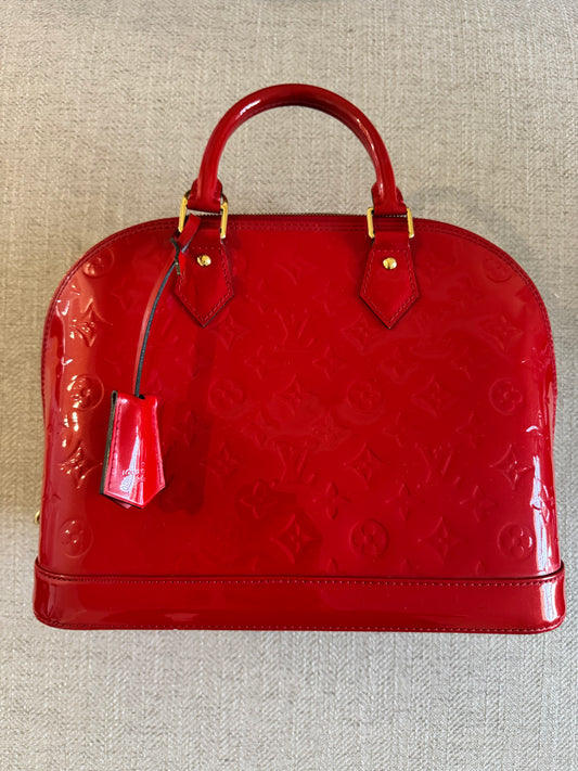 Louis Vuitton Alma Red Monogram Vernis Bag with Strap - Excellent