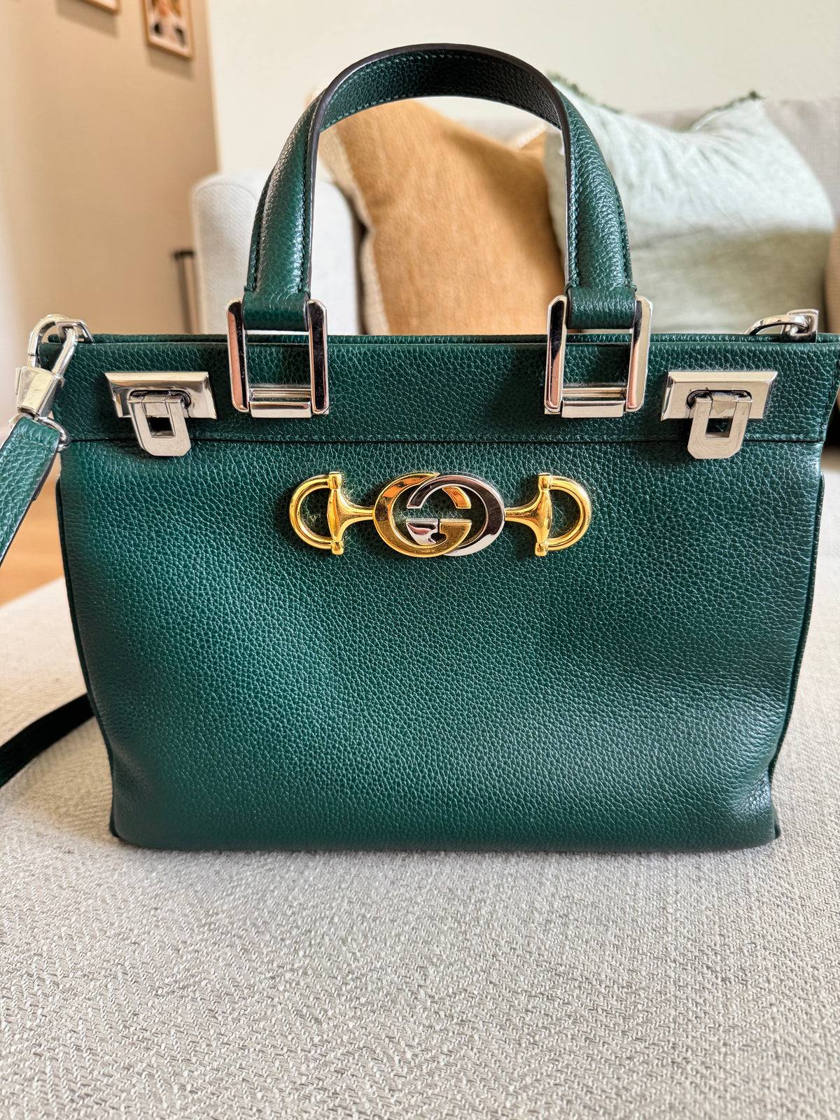 Gucci Green Zumi Small Top Handle Handbag with Crossbody Strap