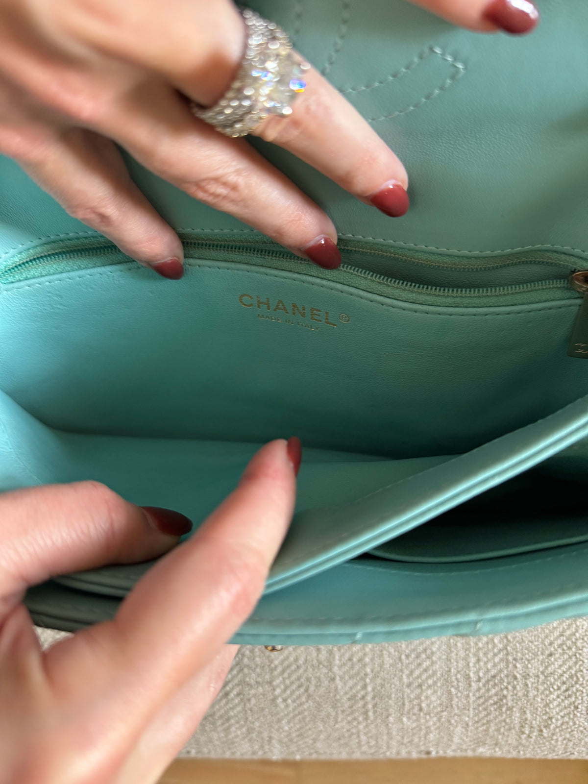 RARE Chanel Trendy CC Flap Bag Chevron Lambskin Medium - Tiffany Blue