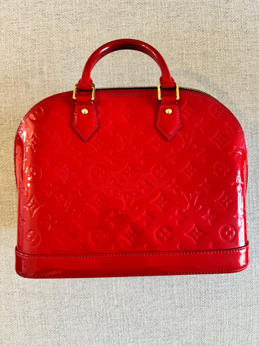 Louis Vuitton Alma Red Monogram Vernis Bag with Strap - Excellent