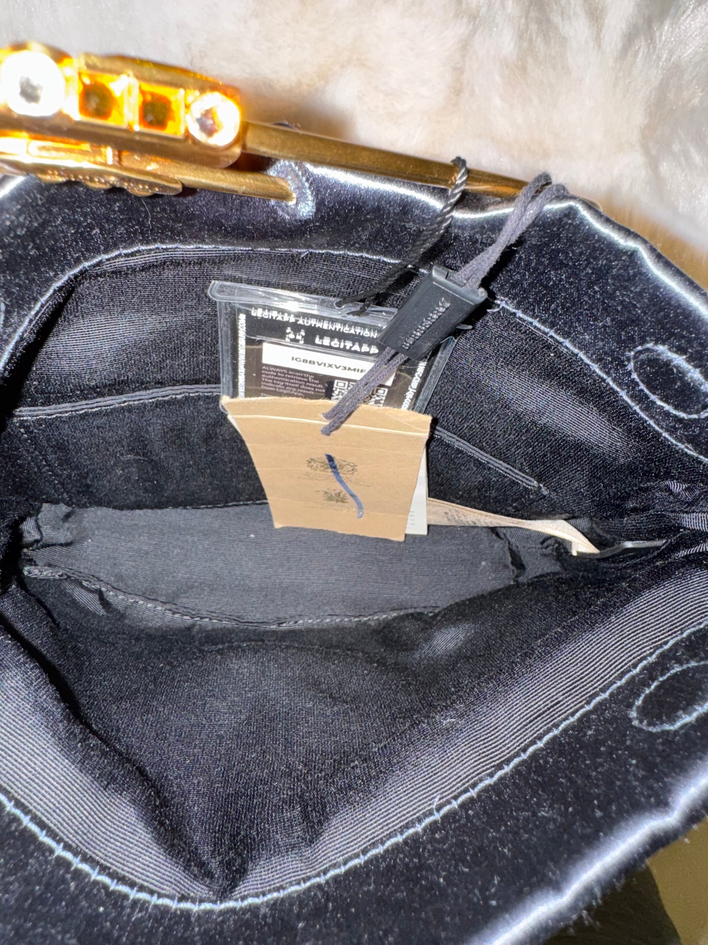 Burberry Grey Silk Satin Clutch featuring a large gold-tone safety pin embellished with crystals - additional view 4