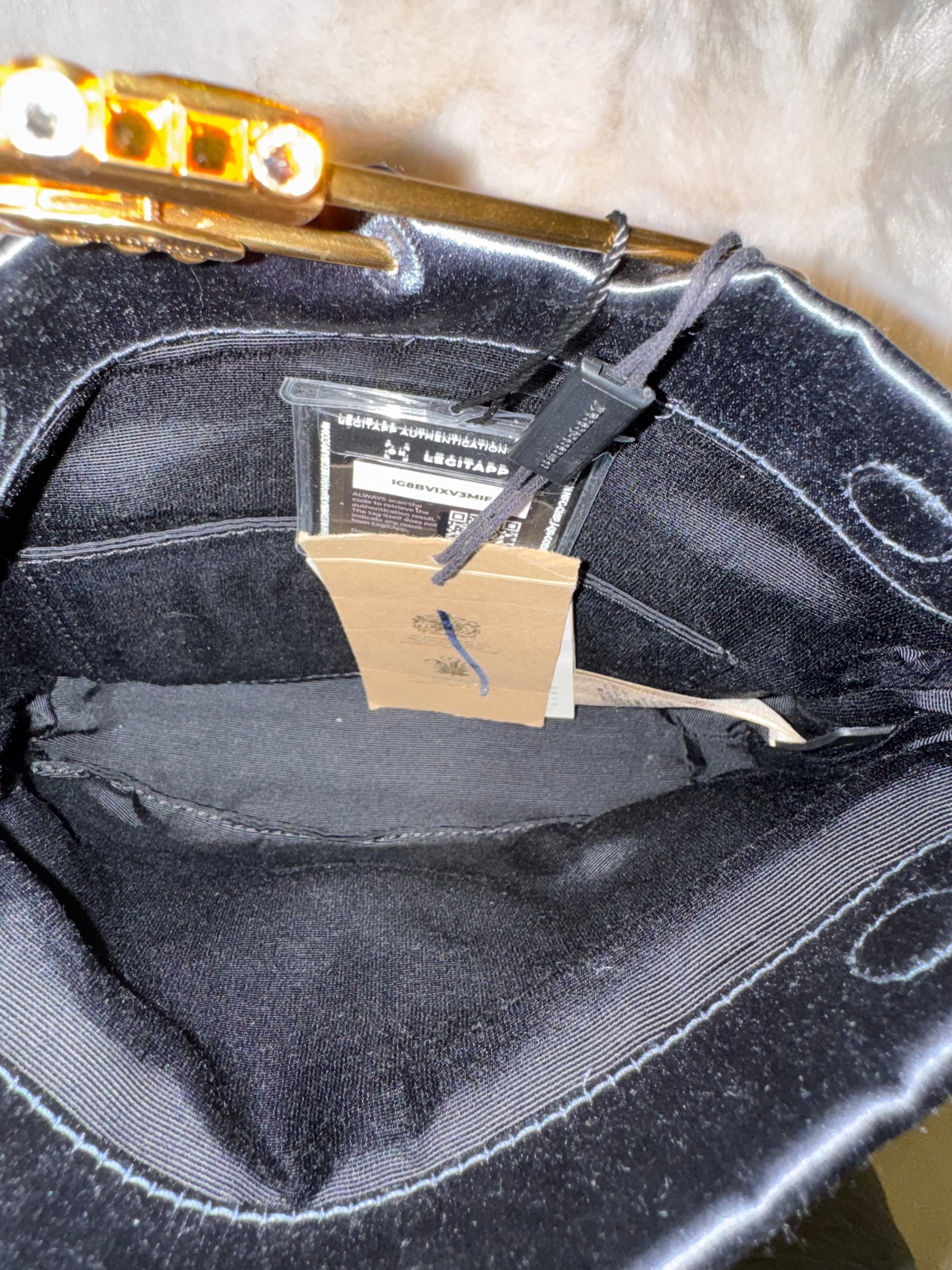 Burberry Grey Silk Satin Clutch featuring a large gold-tone safety pin embellished with crystals - additional view 4