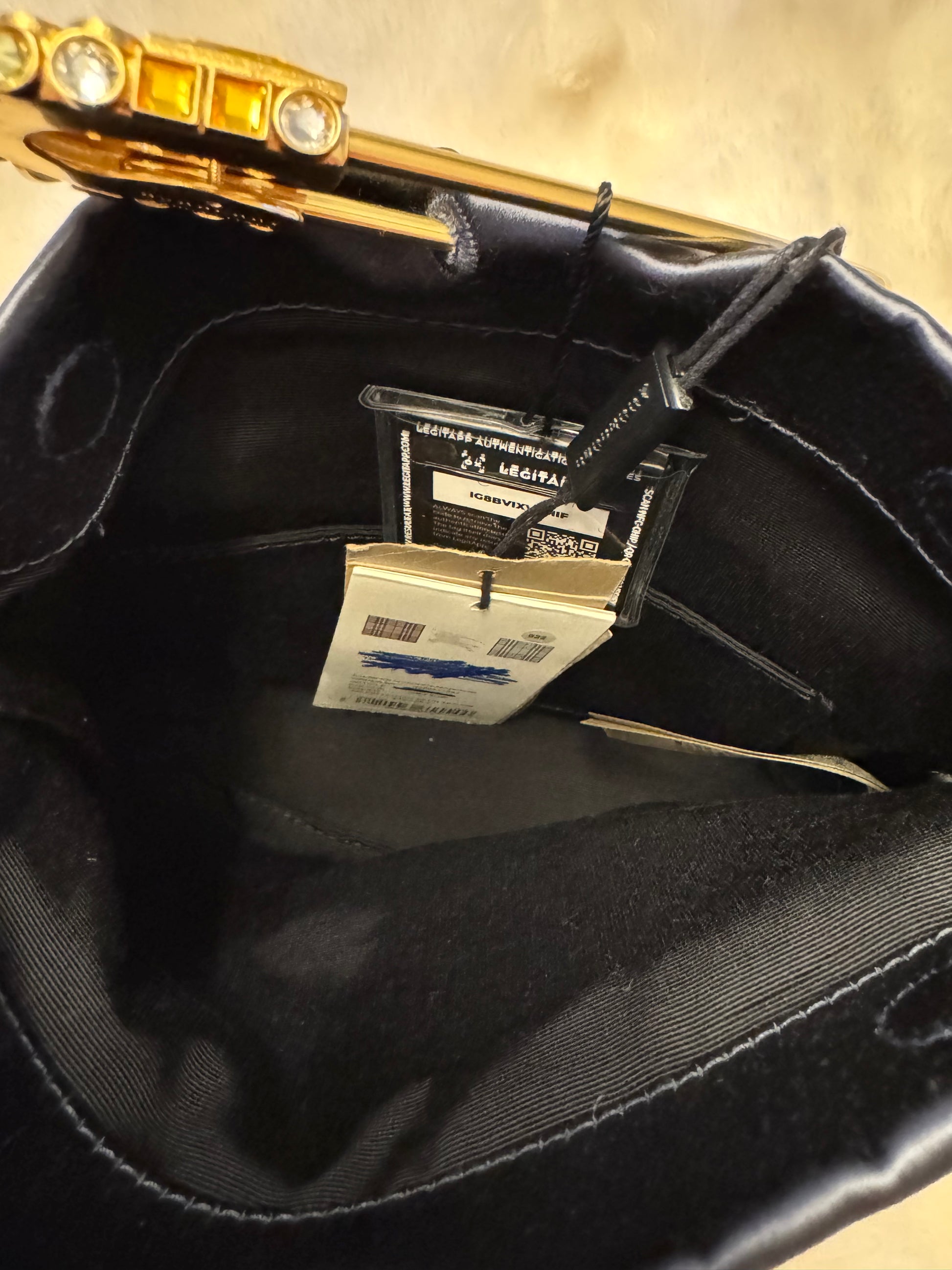 Burberry Grey Silk Satin Clutch featuring a large gold-tone safety pin embellished with crystals - additional view 3