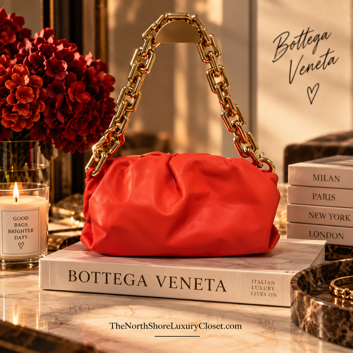 Bottega Veneta The Chain Pouch – Orange Leather with Gold Chain