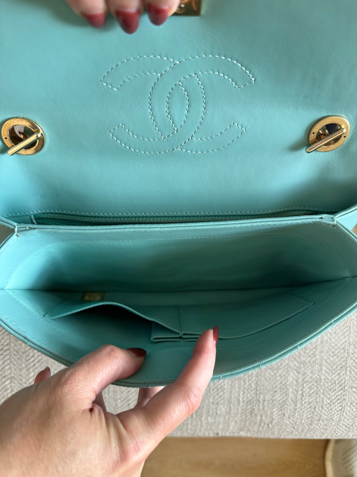 RARE Chanel Trendy CC Flap Bag Chevron Lambskin Medium - Tiffany Blue