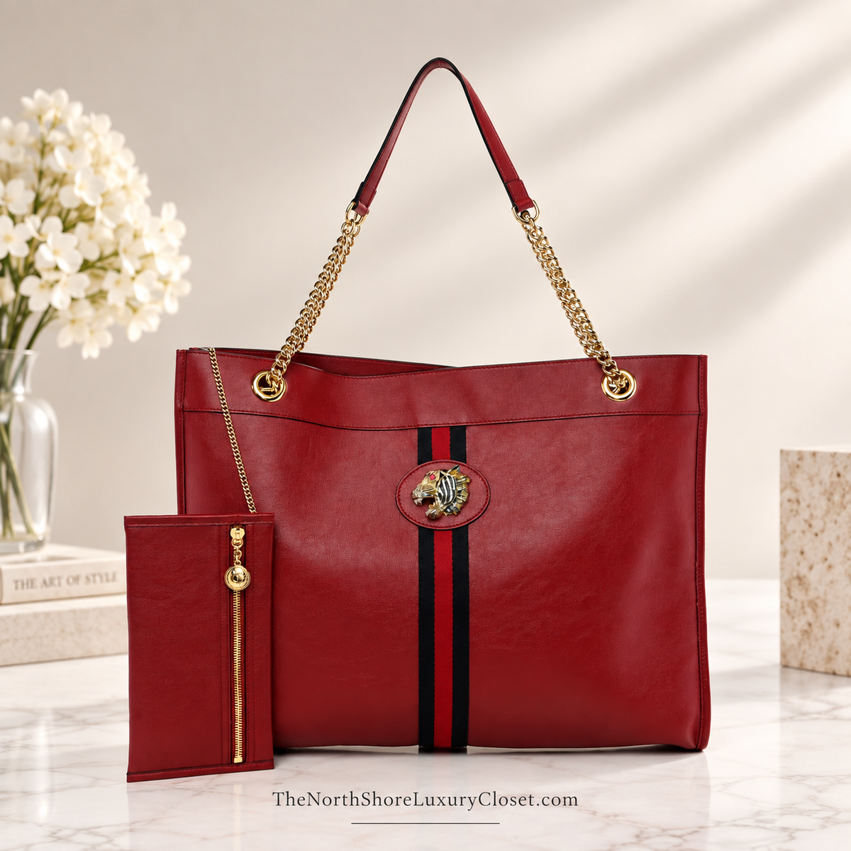 Gucci Calfskin Large Rajah Chain Tote Romantic Cherry with Tiger Head & Pouch