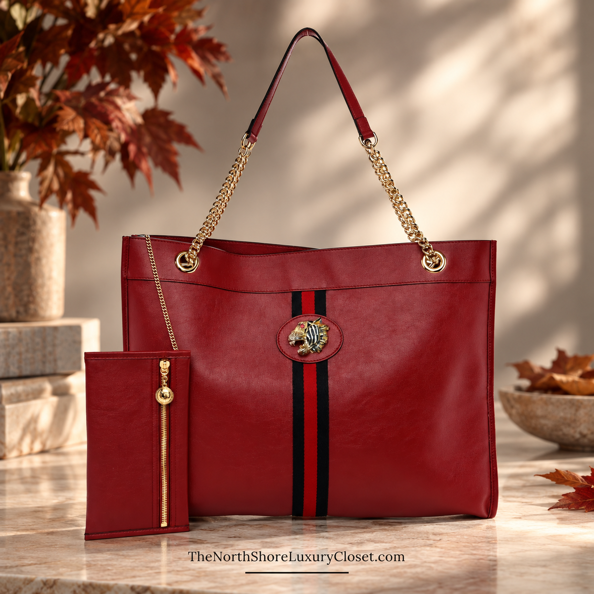 Gucci Calfskin Large Rajah Chain Tote Romantic Cherry with Tiger Head & Pouch