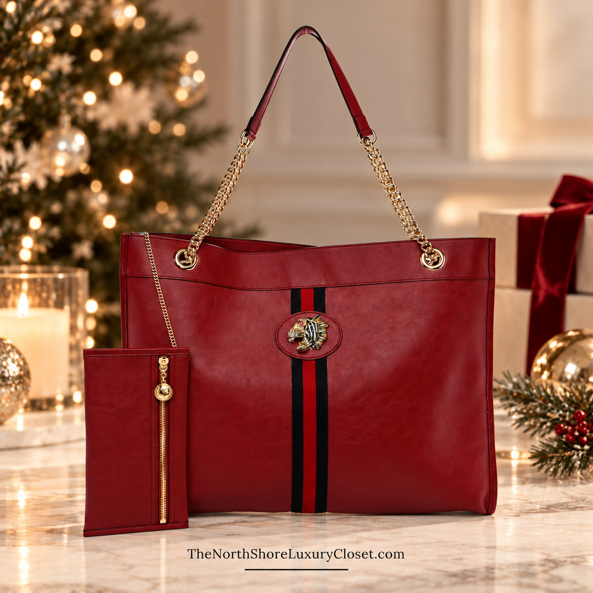 Gucci Calfskin Large Rajah Chain Tote Romantic Cherry with Tiger Head & Pouch
