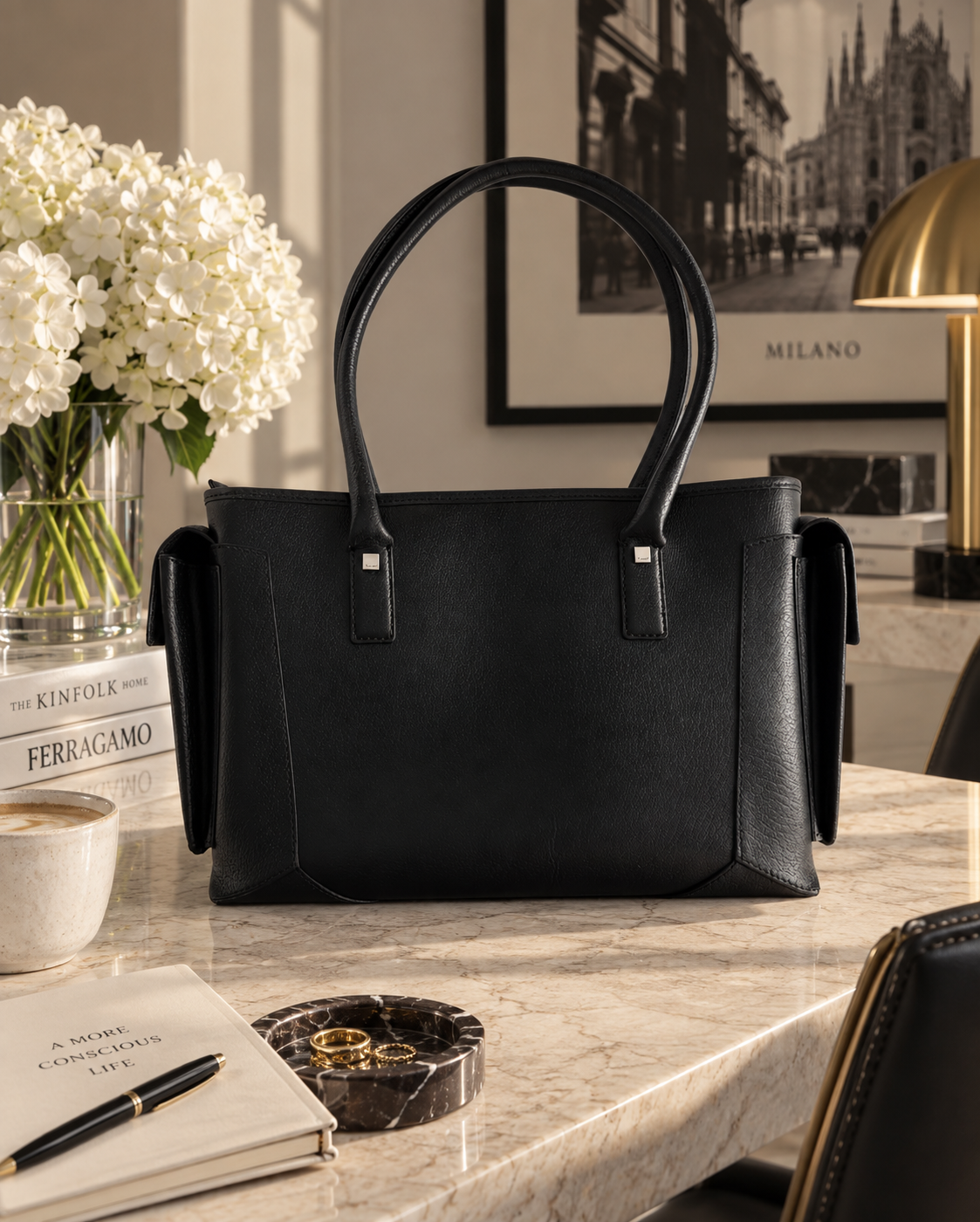 Ferragamo Vintage Leather Black Tote with Side Pockets
