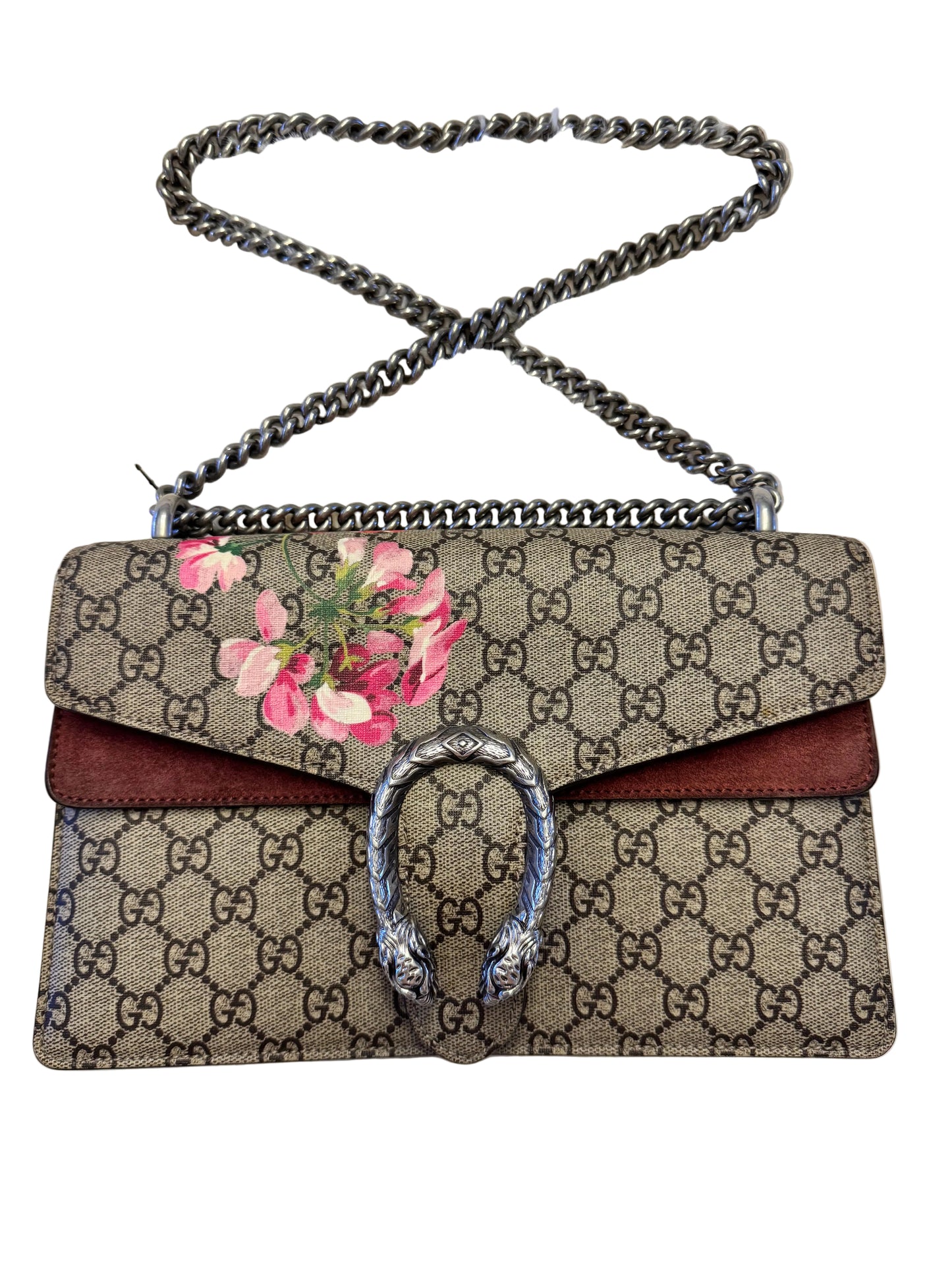 Gucci GG Supreme Dionysus shoulder bag featuring a Blooms print and a distinctive silver-tone tiger head clasp.