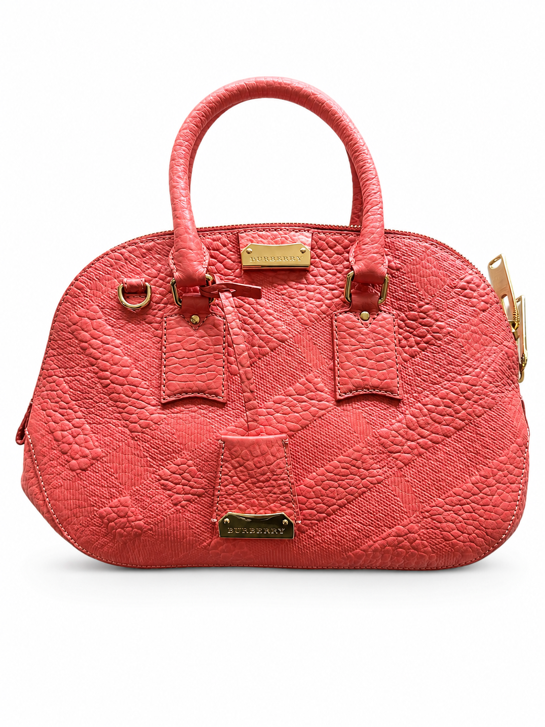 Burberry Textured Leather Convertible Bowling Satchel – Coral Pink