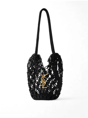 Saint Laurent Small Shopping Crochet Bag featuring gold-tone YSL logo hardware