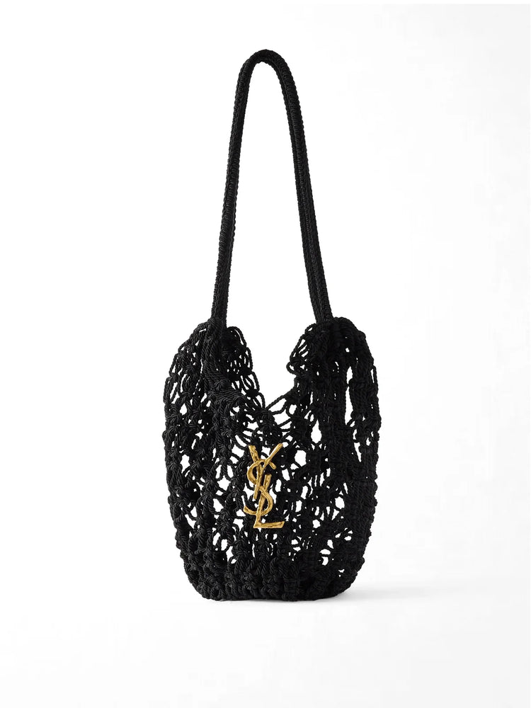 Saint Laurent Small Shopping Crochet Bag featuring gold-tone YSL logo hardware