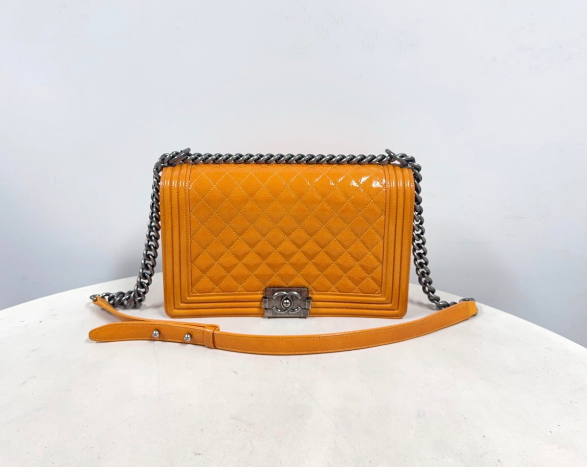 Chanel Boy Bag Orange Patent Leather