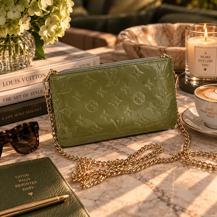 An olive green embossed leather crossbody bag with a gold chain strap, styled on a marble table with books, sunglasses, a candle, and a coffee cup.