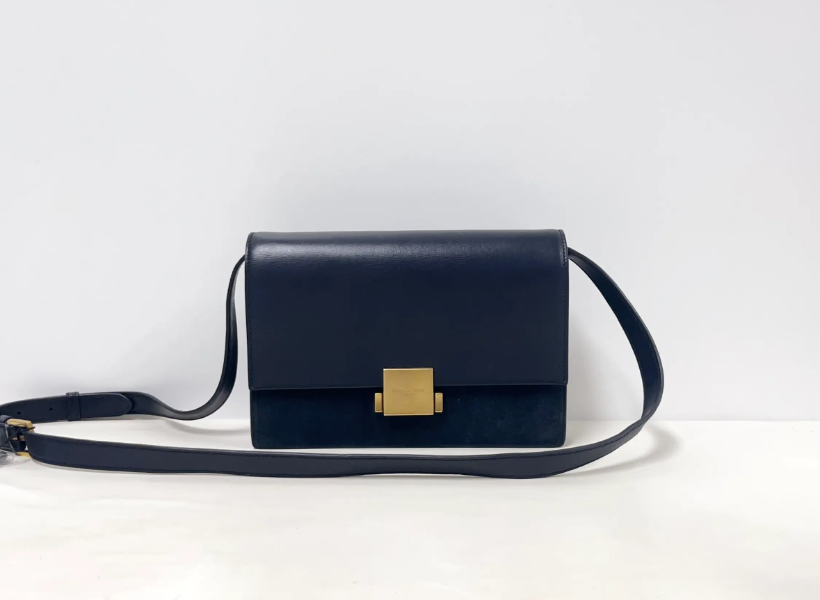 Saint Laurent YSL Structured Leather & Suede Bellechasse Shoulder Bag – Navy Blue