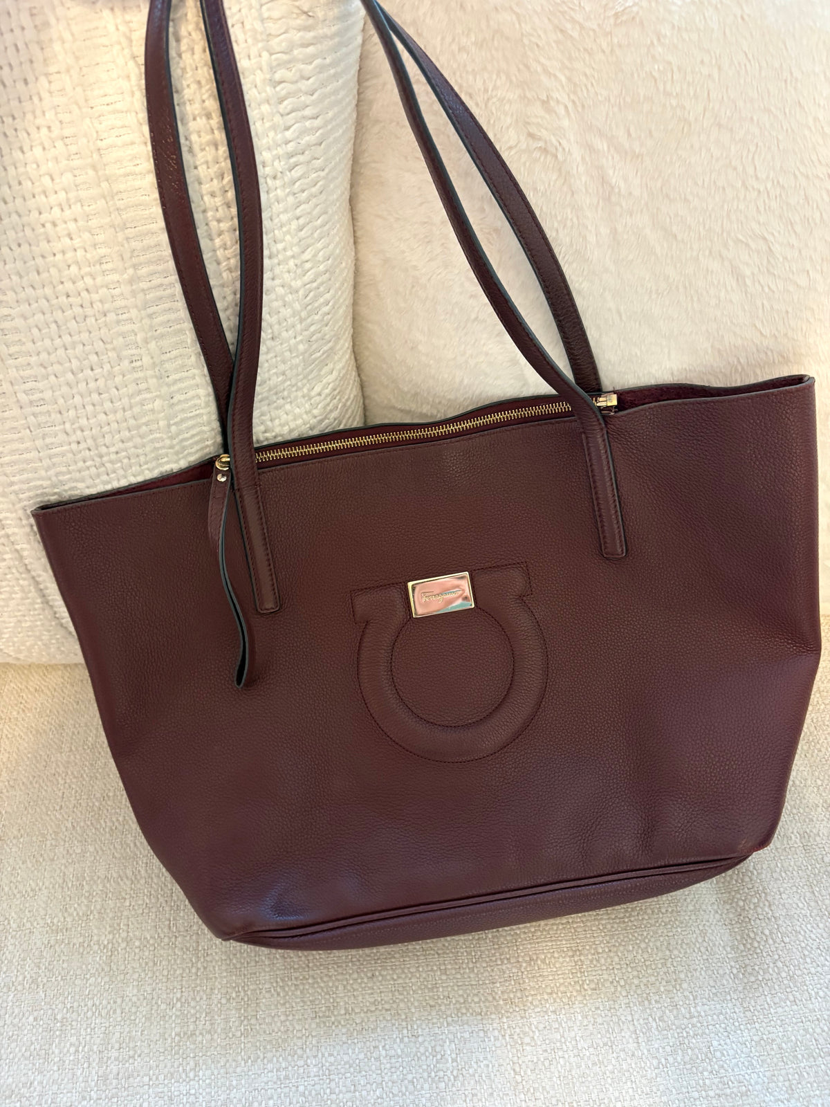 Salvatore Ferragamo Burgundy Wine Red Leather Tote with Gold