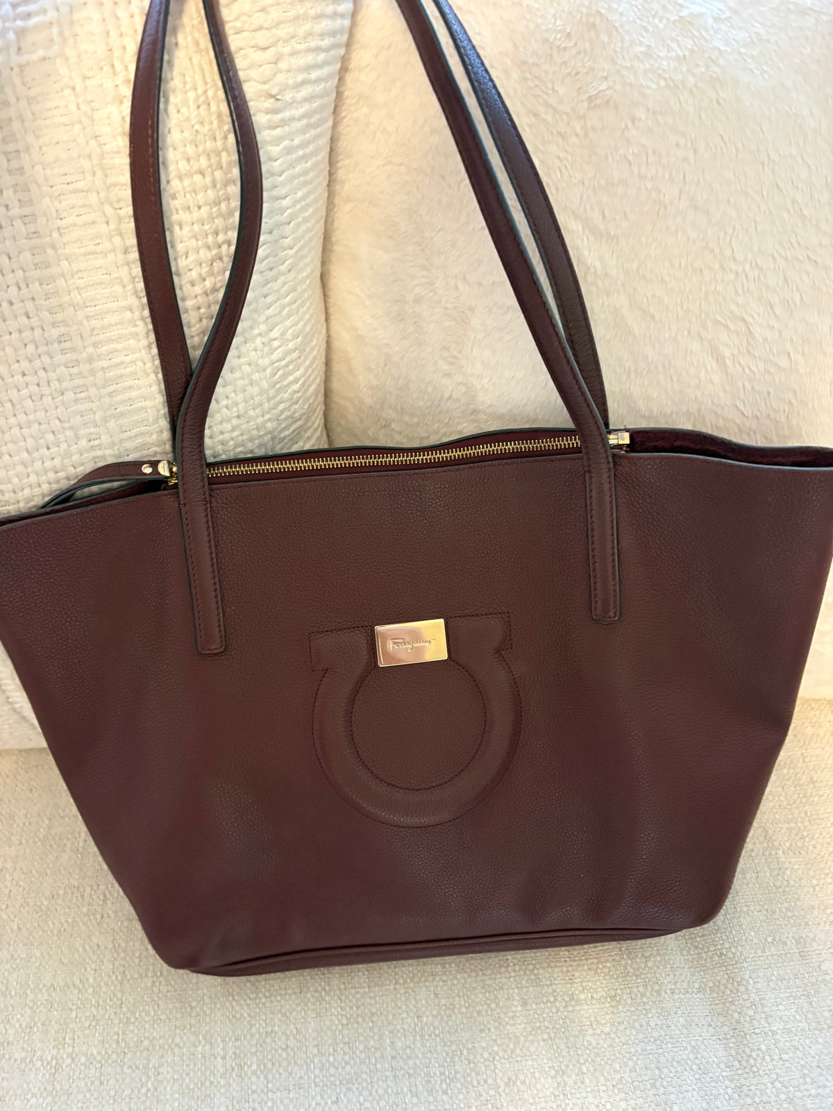 Salvatore Ferragamo Burgundy Wine Red Leather Tote with Gold